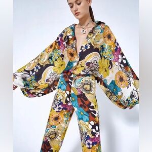 ALEXIS “Renell” blouson button down boho retro blouse top in Floral Grove M